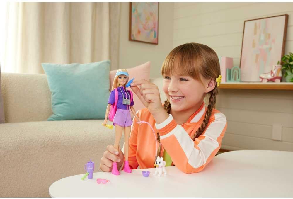 Barbie “Malibu” Outdoor Adventures Fashion Doll Wearing Adventure Outfit, with 10+ Camping-Themed Accessories Including Pet Puppy, JJV59