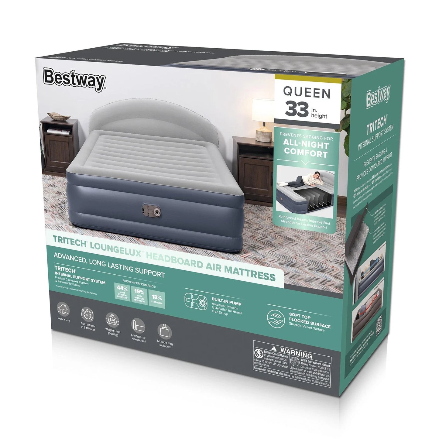 Bestway Tritech LoungeLux Headboard Queen Air Mattress Built-in Pump