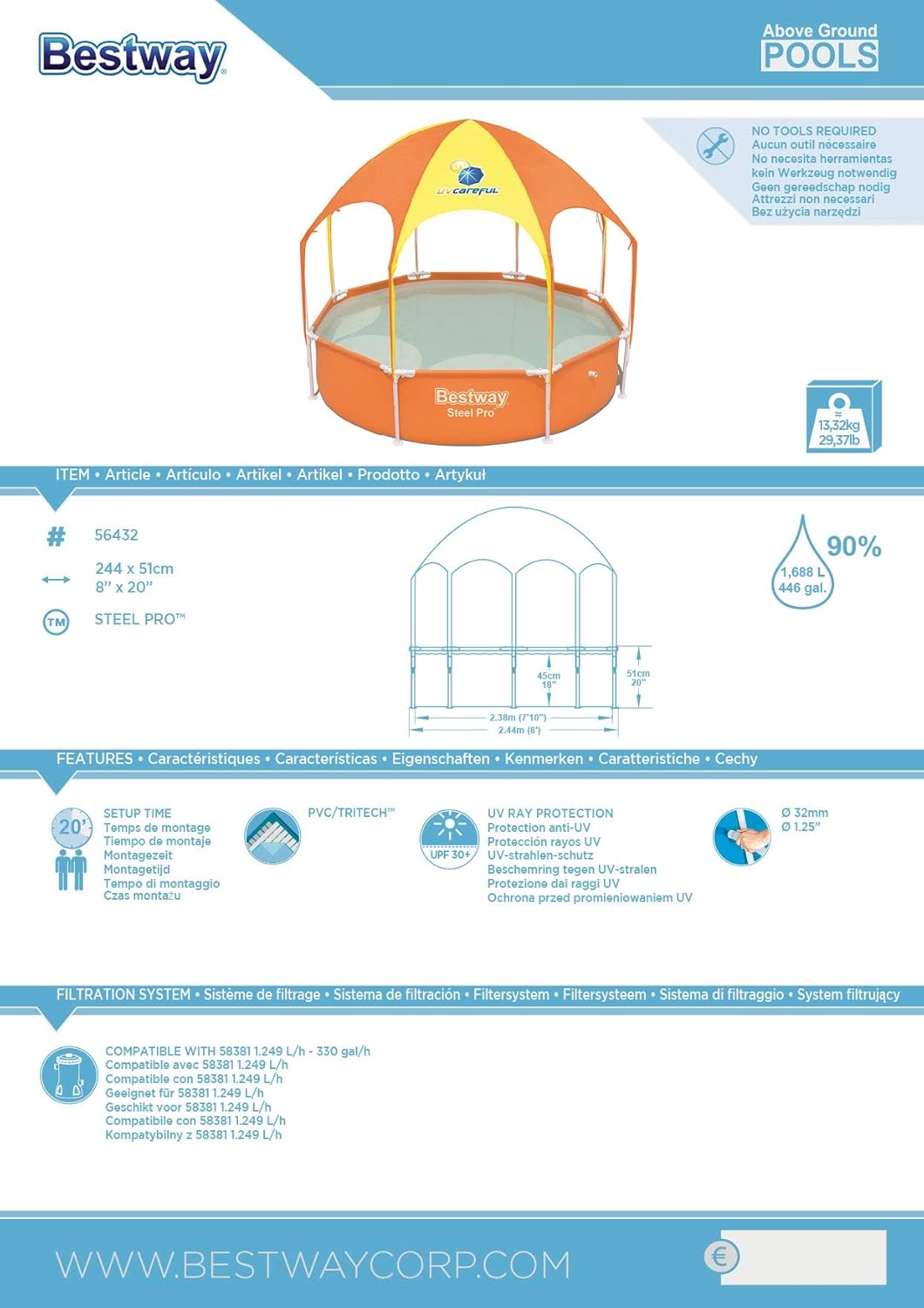 Bestway BWAY POOL SPLASH N SHADE 244X51