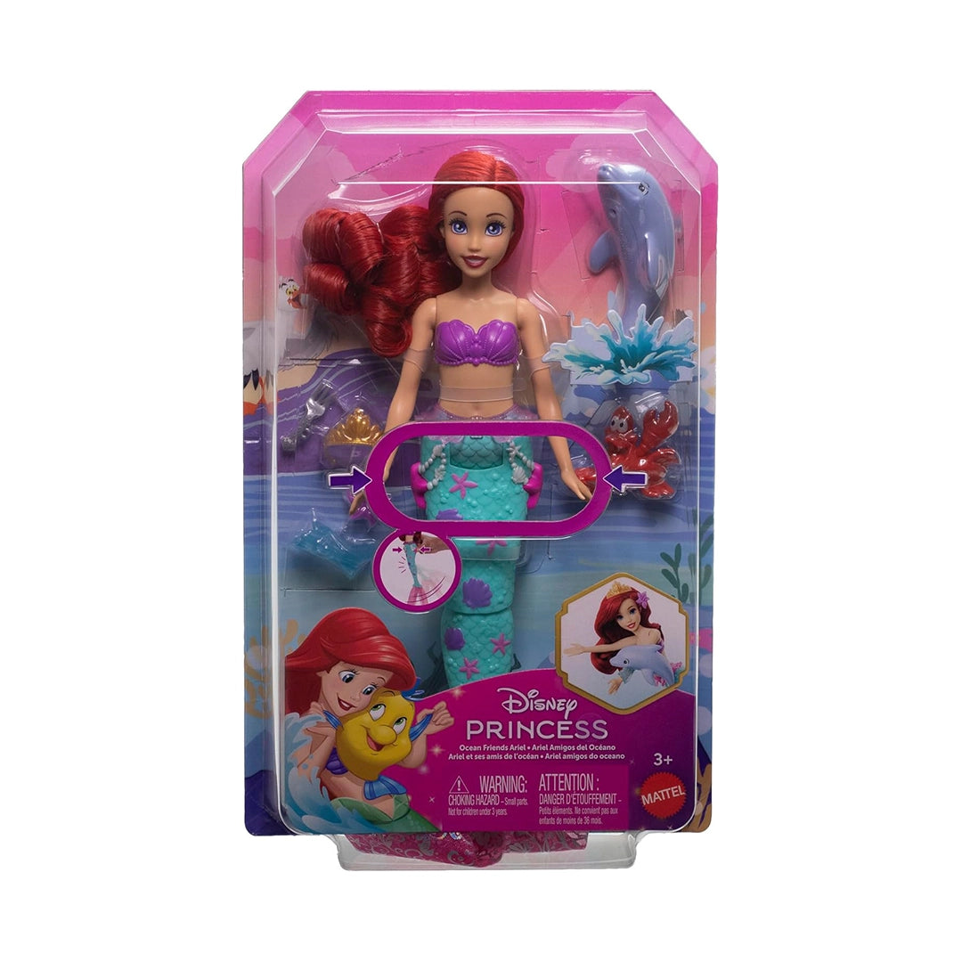 Mattel Disney Princess Ariel Swimming Mermaid Fashion Doll with Dolphin Water Squirter, Sebastian Figure & 4 Accessories, Ocean Friends Water Toy