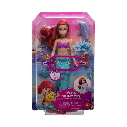 Mattel Disney Princess Ariel Swimming Mermaid Fashion Doll with Dolphin Water Squirter, Sebastian Figure & 4 Accessories, Ocean Friends Water Toy