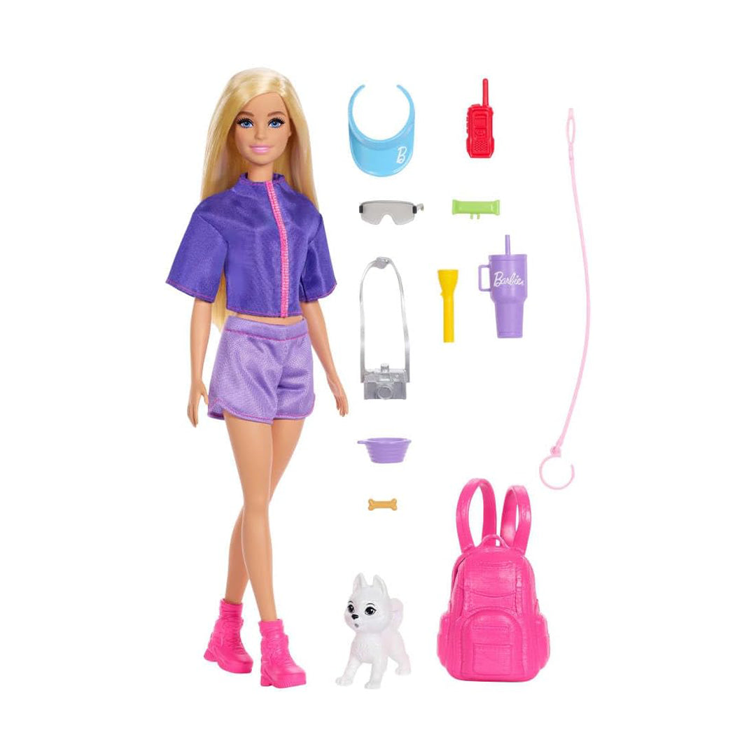 Barbie “Malibu” Outdoor Adventures Fashion Doll Wearing Adventure Outfit, with 10+ Camping-Themed Accessories Including Pet Puppy, JJV59