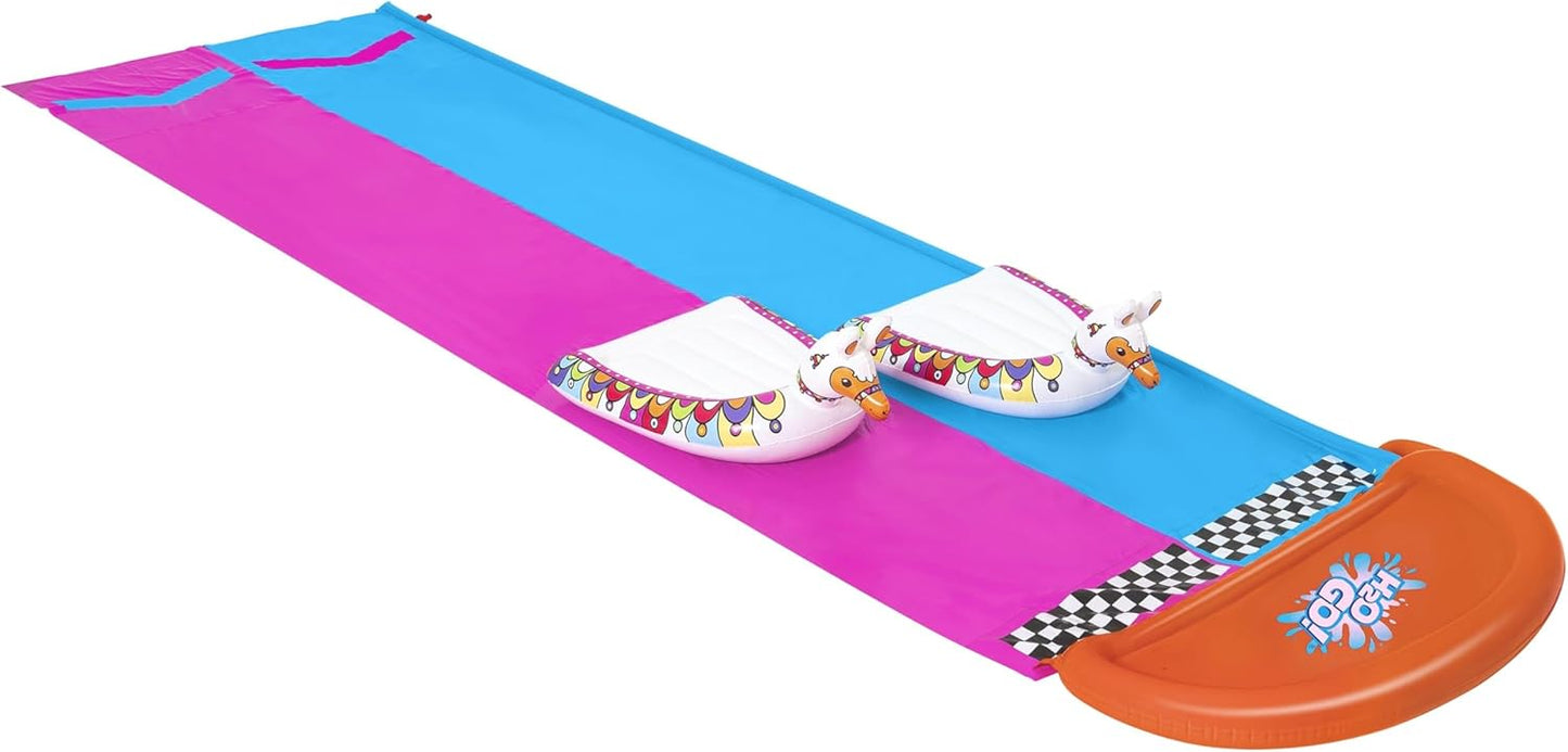 H2OGO Lawn Double Water Slide with 2 Inflatable Llama Shaped Ride-On Floats - 488 cm - No:52320