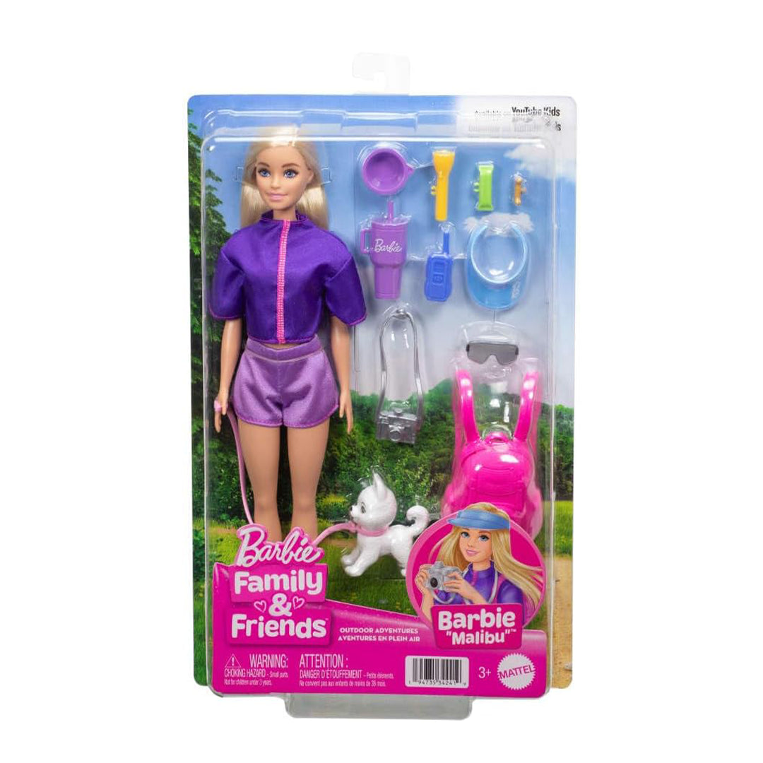 Barbie “Malibu” Outdoor Adventures Fashion Doll Wearing Adventure Outfit, with 10+ Camping-Themed Accessories Including Pet Puppy, JJV59