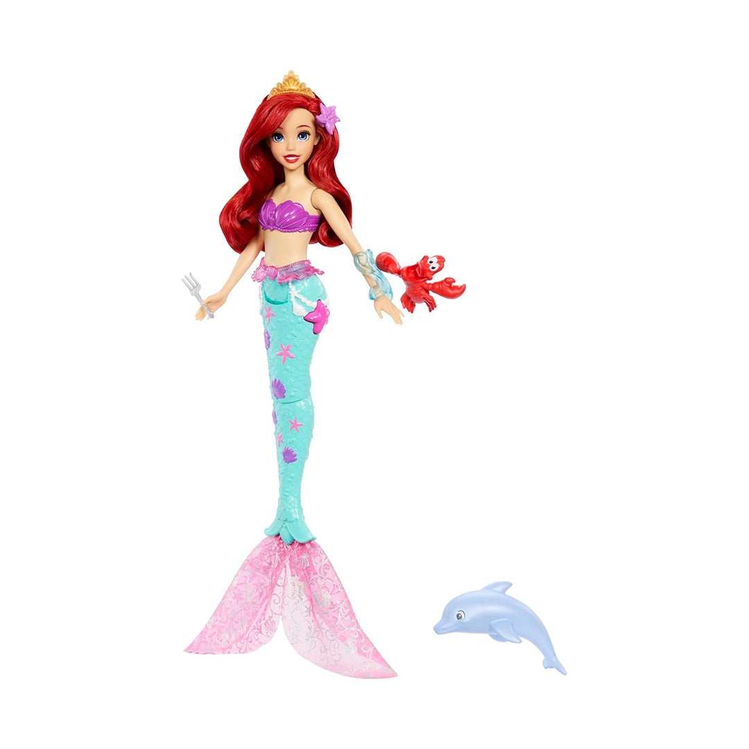 Mattel Disney Princess Ariel Swimming Mermaid Fashion Doll with Dolphin Water Squirter, Sebastian Figure & 4 Accessories, Ocean Friends Water Toy