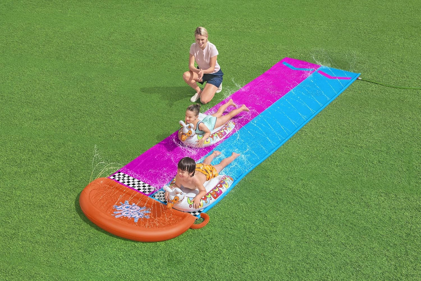 H2OGO Lawn Double Water Slide with 2 Inflatable Llama Shaped Ride-On Floats - 488 cm - No:52320