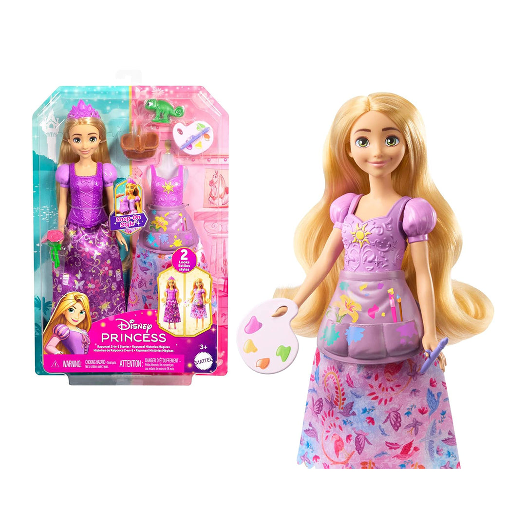 Mattel Disney Princess Toys, Rapunzel Fashion Doll with 2 Looks, 9 Accessories, 2 Snap-On Bodices & 2 Skirts, 2-in-1 Stories Inspired by Disney Tangled, JBG09