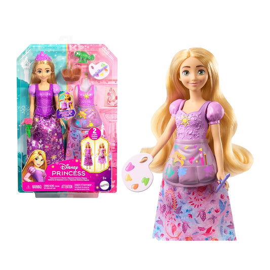 Mattel Disney Princess Toys, Rapunzel Fashion Doll with 2 Looks, 9 Accessories, 2 Snap-On Bodices & 2 Skirts, 2-in-1 Stories Inspired by Disney Tangled, JBG09