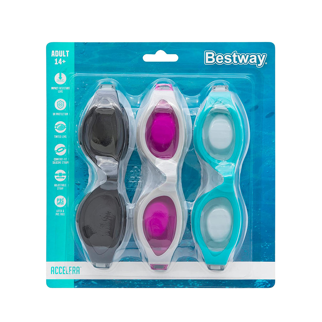 Bestway 3 Pack Adult Swim Goggles, Swimming Goggles for Adults | UV Protection, No Leak Clear Vision, Accelera, Multiple Colours