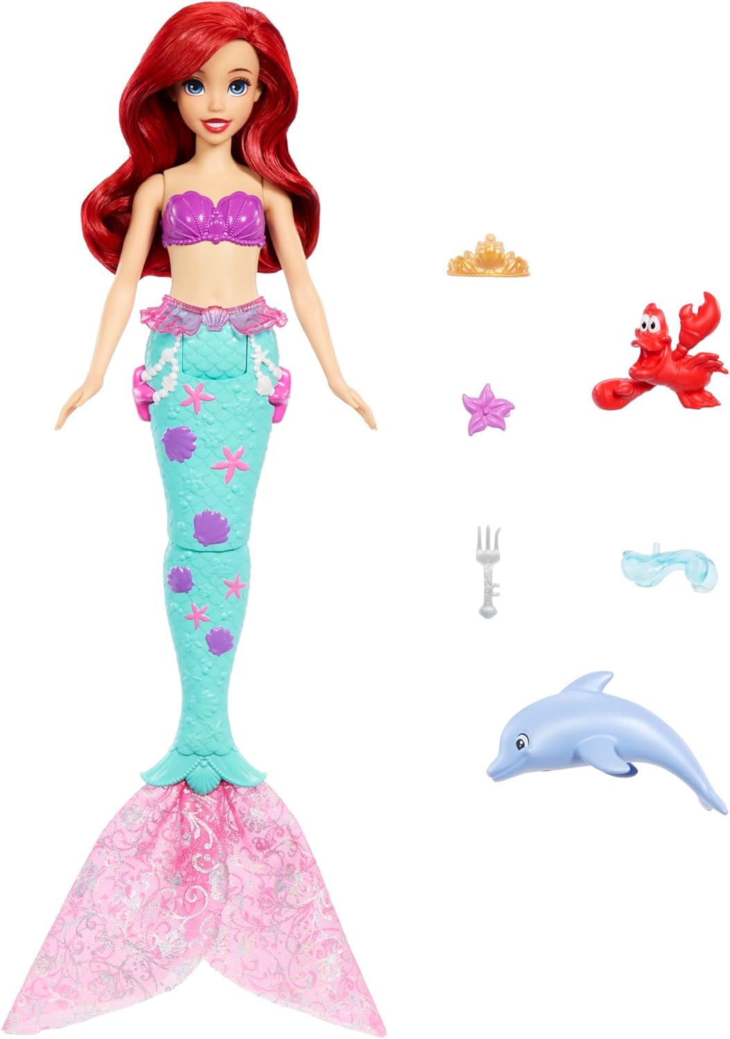 Mattel Disney Princess Ariel Swimming Mermaid Fashion Doll with Dolphin Water Squirter, Sebastian Figure & 4 Accessories, Ocean Friends Water Toy