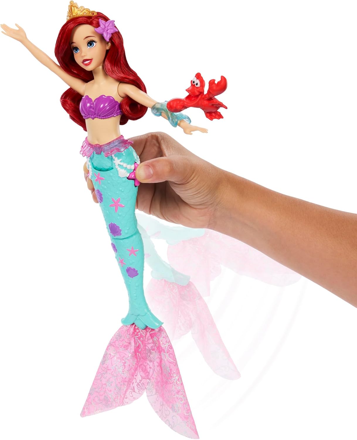 Mattel Disney Princess Ariel Swimming Mermaid Fashion Doll with Dolphin Water Squirter, Sebastian Figure & 4 Accessories, Ocean Friends Water Toy