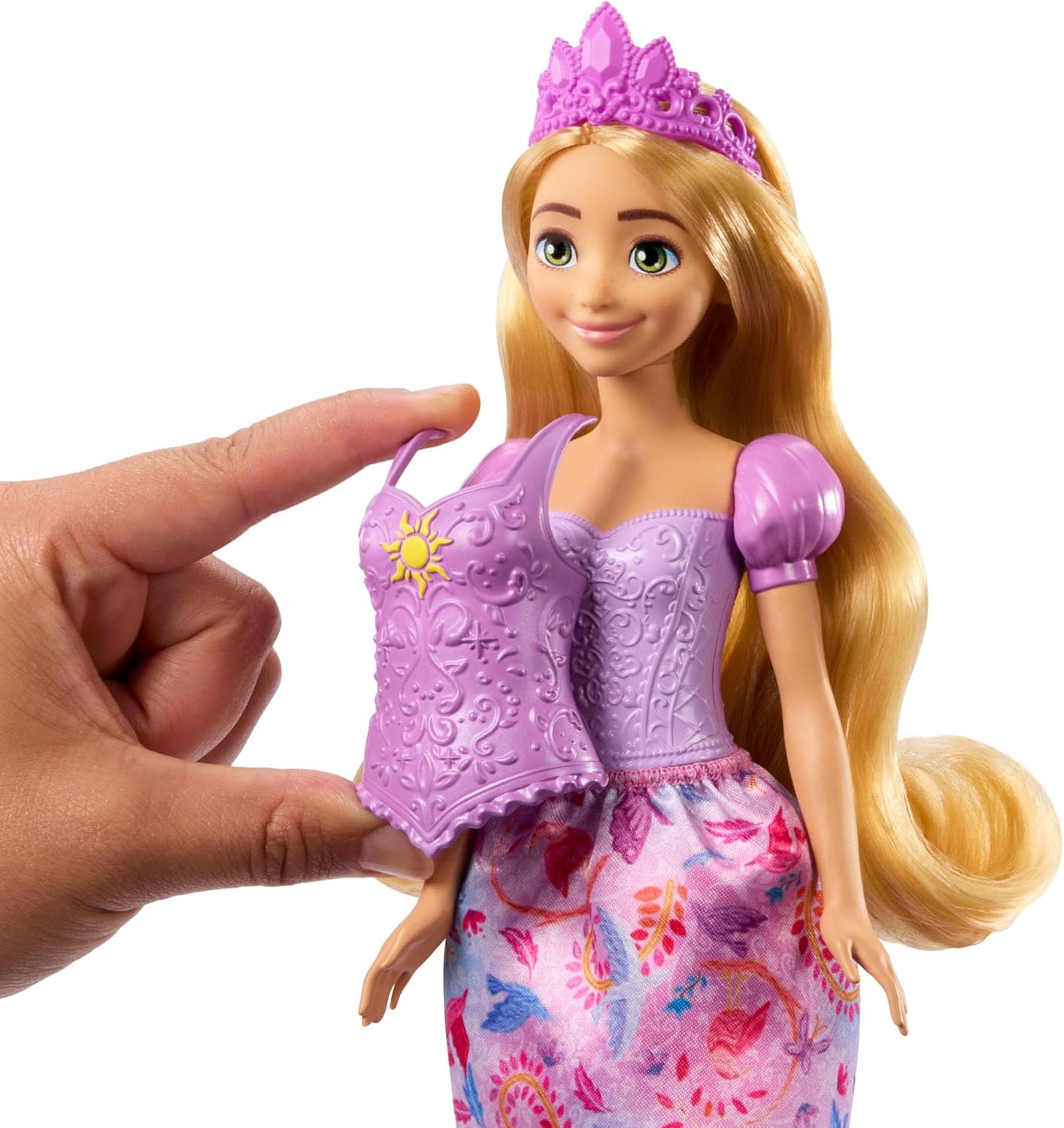 Mattel Disney Princess Toys, Rapunzel Fashion Doll with 2 Looks, 9 Accessories, 2 Snap-On Bodices & 2 Skirts, 2-in-1 Stories Inspired by Disney Tangled, JBG09
