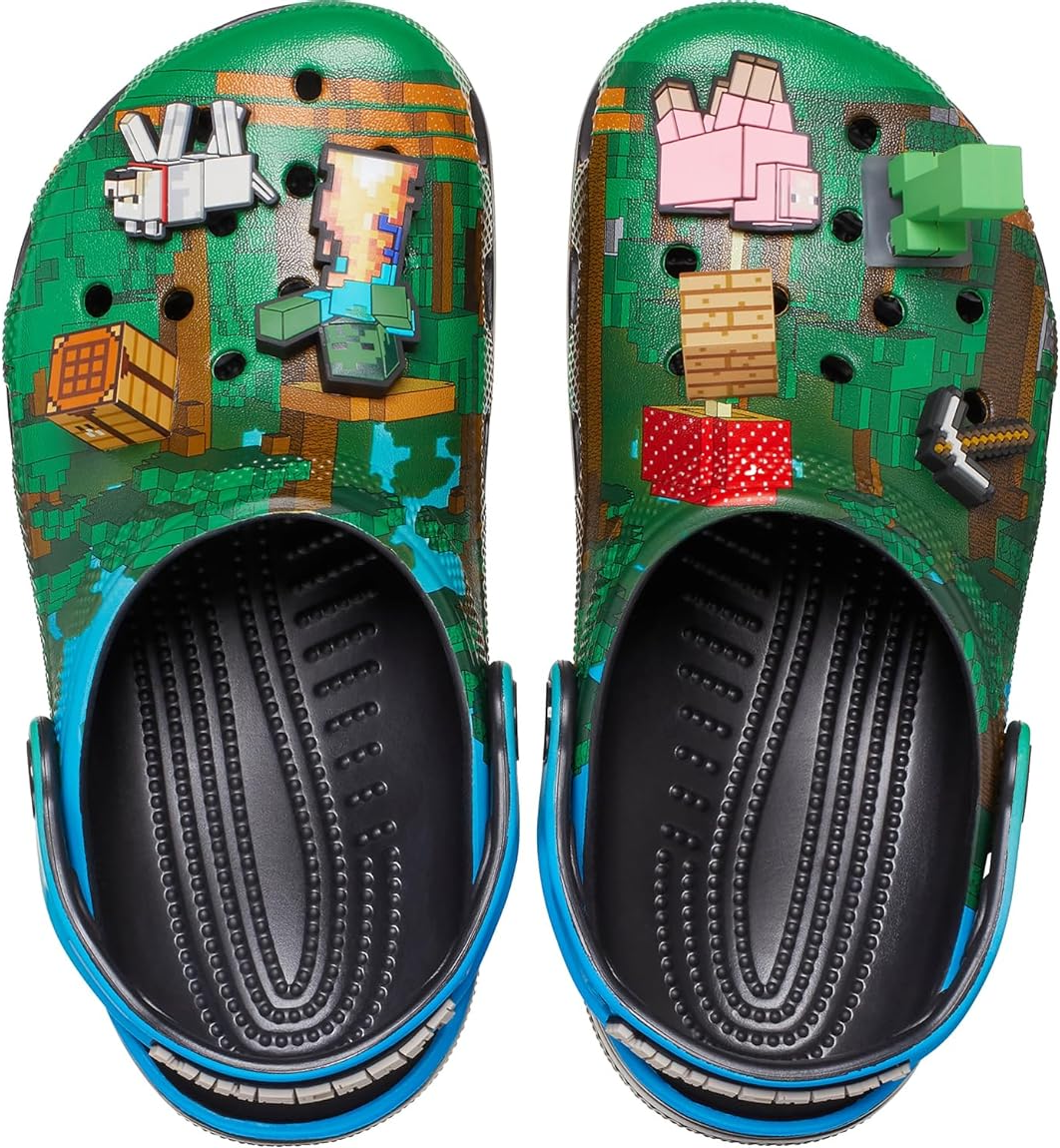 Minecraft-themed clogs with pixelated characters and animals on a green background