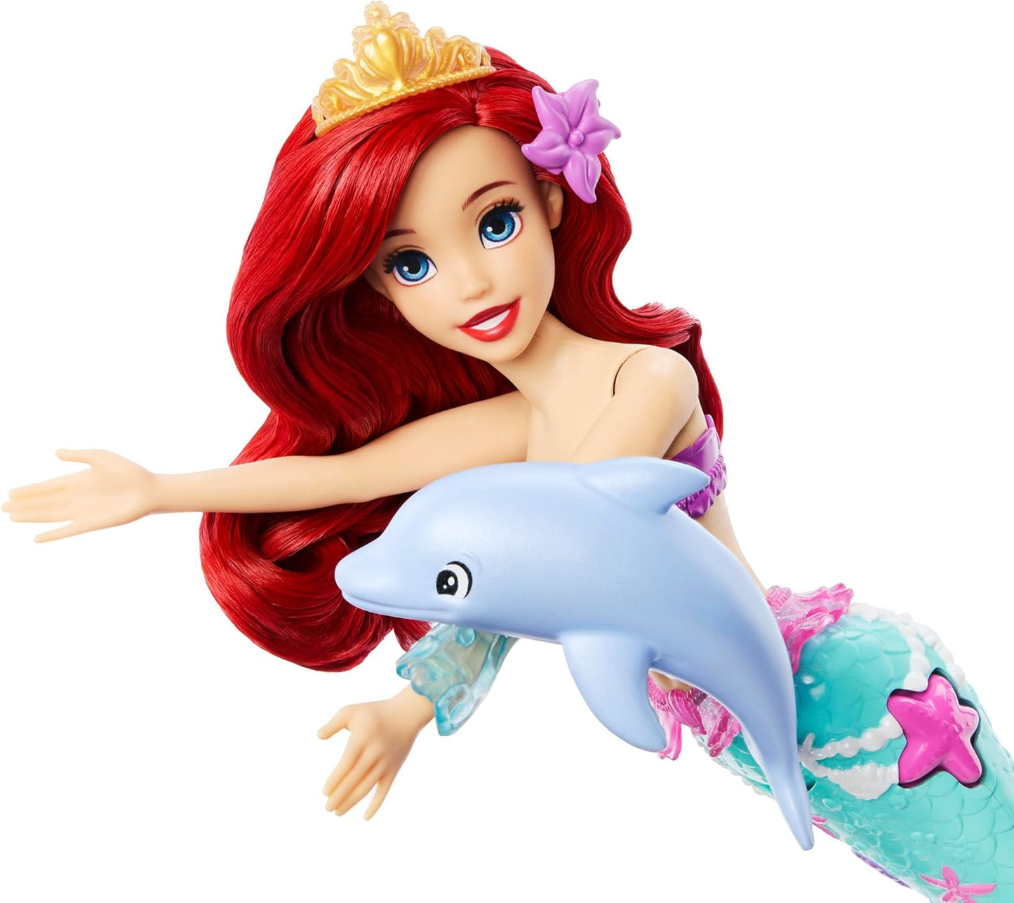 Mattel Disney Princess Ariel Swimming Mermaid Fashion Doll with Dolphin Water Squirter, Sebastian Figure & 4 Accessories, Ocean Friends Water Toy