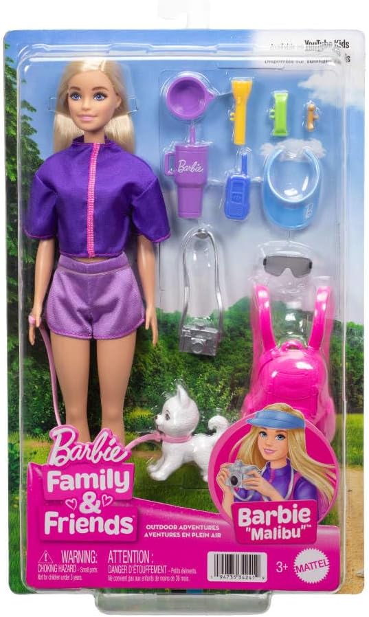 Barbie “Malibu” Outdoor Adventures Fashion Doll Wearing Adventure Outfit, with 10+ Camping-Themed Accessories Including Pet Puppy, JJV59